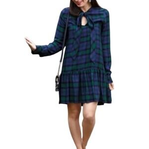 Zara‎ Trafaluc Green Purple Plaid Bow Tie Neck Ruffle Mini Dress M